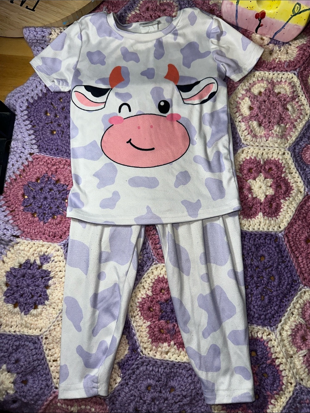 🎉Kids Cow Print Pajama Set - Lavender & Pink B324